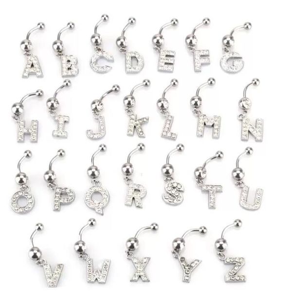 26 Cartas Initais Charmoso Corpo Piercing Cristal Rhinestone incrustado Umbigo Botão Anel de Aço Inoxidável