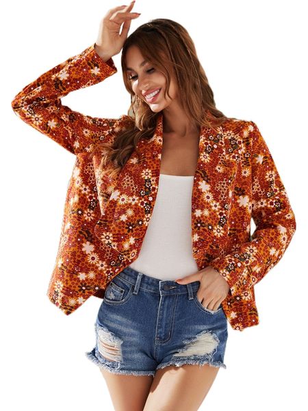 

luukse shawl collar floral print corduroy coat k43y#, Black
