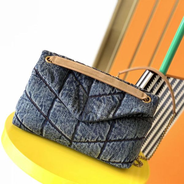 

Ladies Denim Shoulder Crossbody Bag Designer Messenger Bags Single Zipper Plain Thread Sequins Letter Sequined Hasp Soft Canvas Flap Pocket Satchel Handbag MM Size, Black hardware-black
