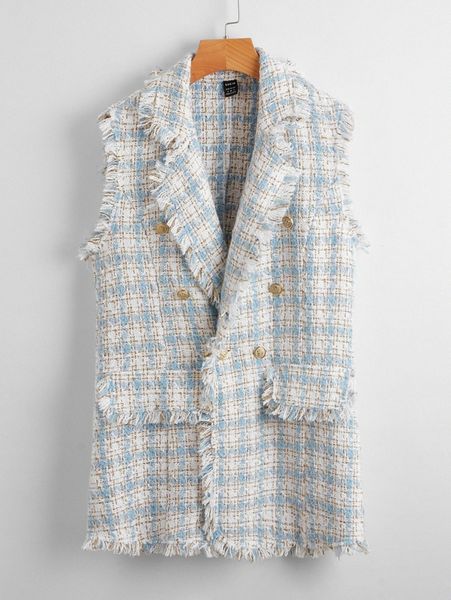 

notch collar frayed edge tweed vest blazer u8cx#, White