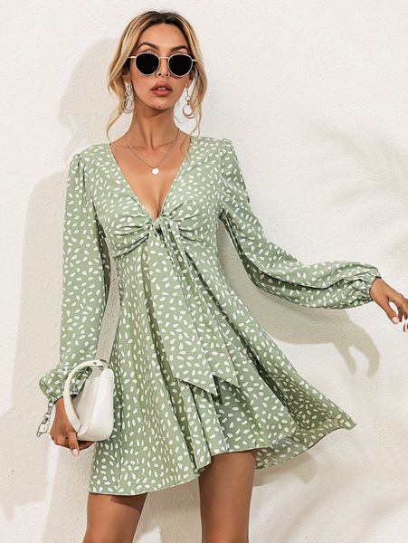 

lantern sleeve tie front all over print dress r3cm#, Black;gray