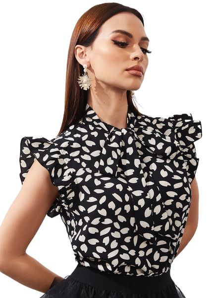 

allover print tie neck butterfly sleeve r9ff#, White