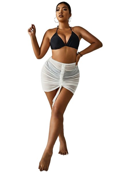

plus drawstring mesh cover up skirt without bikini r0o9#, Black