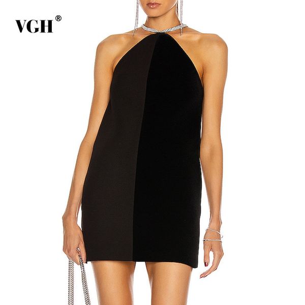 

hit color elegant dress for women halter sleeveless high waist patchwork diamond vintage mini dresses female summer 210507, Black;gray