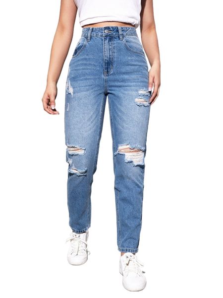 

mid-waisted breaking denim mom jeans 88b8#, Blue