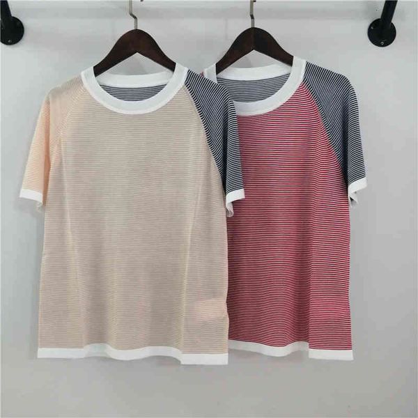 

women's knits tees vitality aging sense round neck short sleeve color matching stripe t-shirt women look thin and versatile merino wool, White