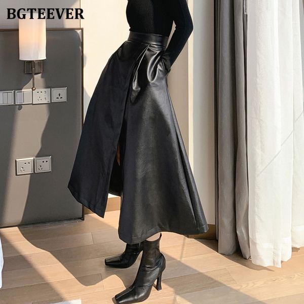 

streetwear solid split pu leather skirt for women 2021 spring fashion high waist loose female a-line faux leather skirt, Black