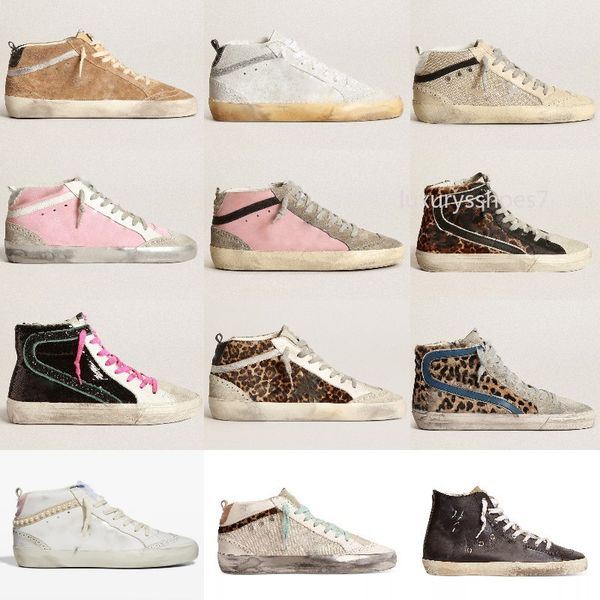 

casual shoes italy brand golden star sneakers high-women leopard print pink-gold glitter classic white do-old dirty designer shoe, Black