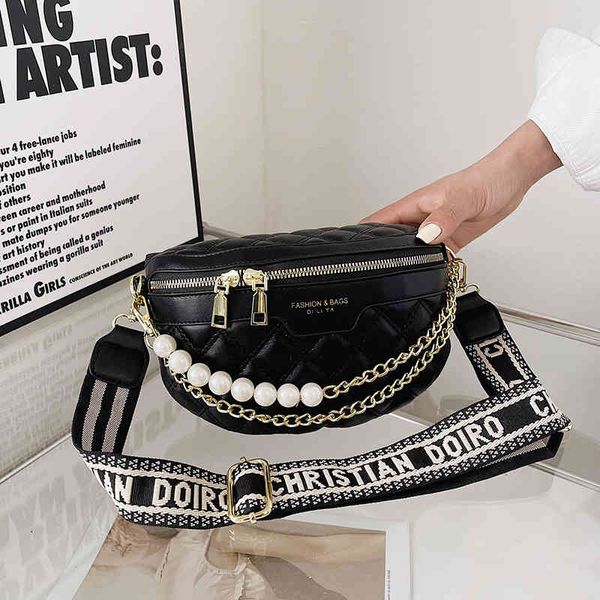 

factory wholesale summer fashion solid color women's waist bag pearl chain letter wide shoulder strap personalized design leisure messe