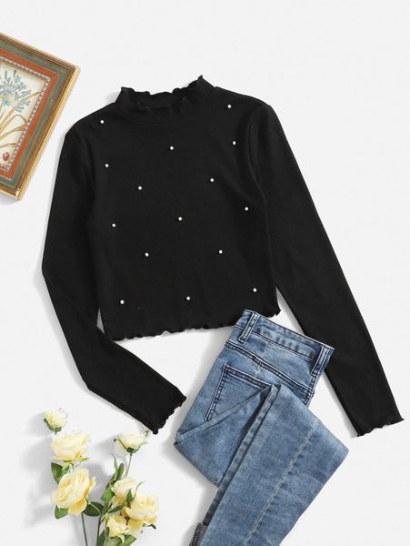 

lettuce trim pearl beaded tee r6i7#, White