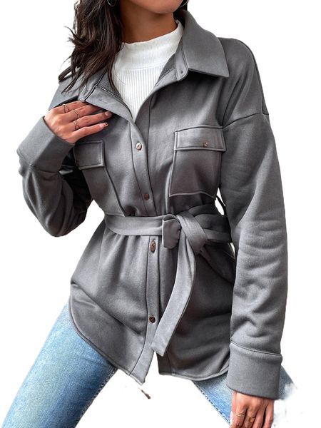 

flap pocket drop shoulder belted coat o50j#, Black