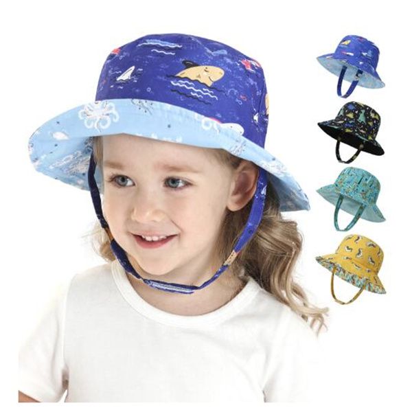 Тонкий мультипликационный принт динозавров, детский шляпа, хлопковые рыбаки шляпы детей летние малыши мальчики девочки панама солнце