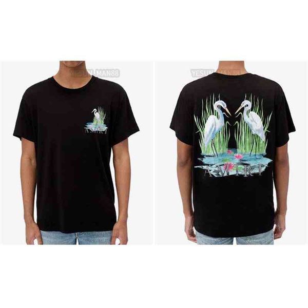 

designer european and american fashion brand mens and womens double crane printed round neck pullover t shirt summer high street tees, White;black