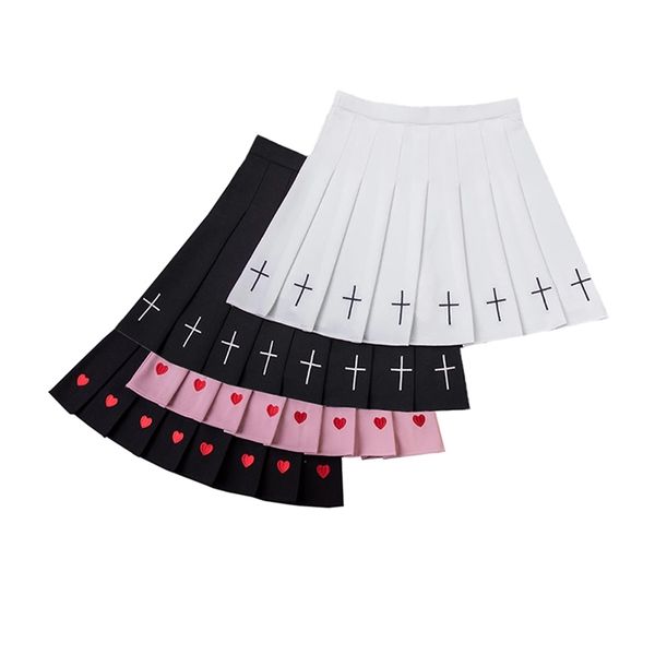 

korean fashion y2k elastic high-waisted women skirt black kawaii embroidery short harajuku pleated a-line summer mini skirts 220317
