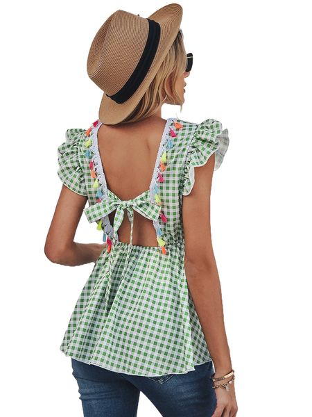 

gingham print tassel trim tie back butterfly sleeve peplum blouse 57dk#, White