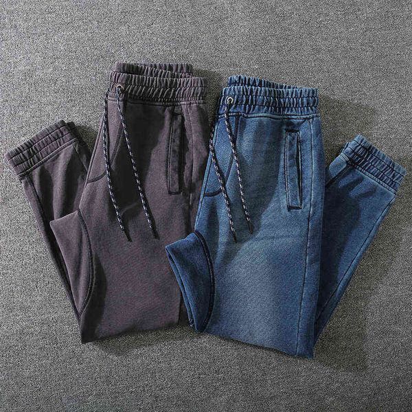 

men jeans winter fall fashion thicken stretchy knit sweatpants men japan style basic elastic waist solid color vintage loose casual jeans 22, Black