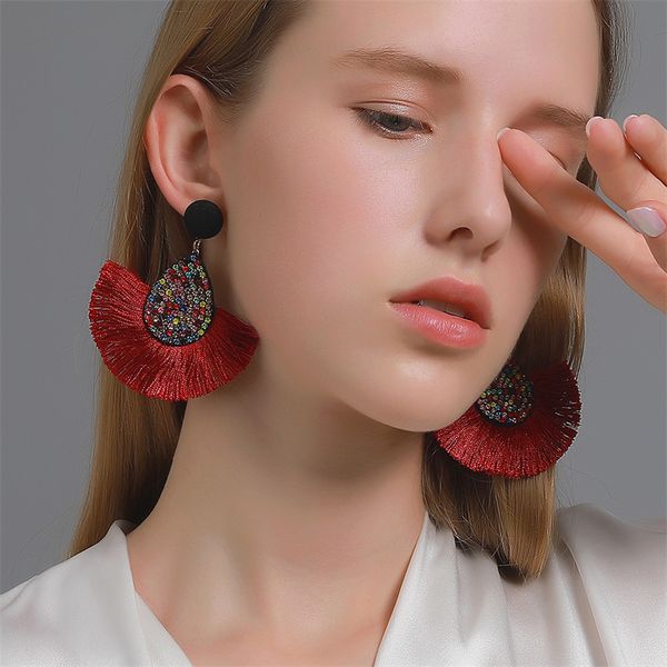 

bohemian tassel fan shaped dangle earrings women color diamond water drop ear stud retro banquet gift pendant fabric alloy earring ornaments, Silver