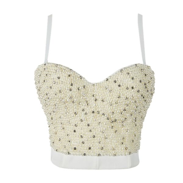 

women corset with pearl bustier crop bra club party glitter cropped female clothing 220427, White