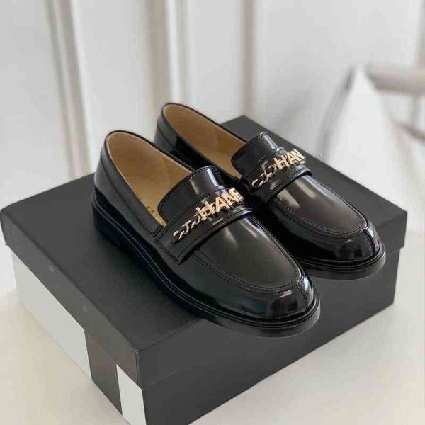 

dress shoes quan zhilong's same style small fragrance chain bright face leather shoes, women's one pedal flat bottom lefu shoes tf, Black