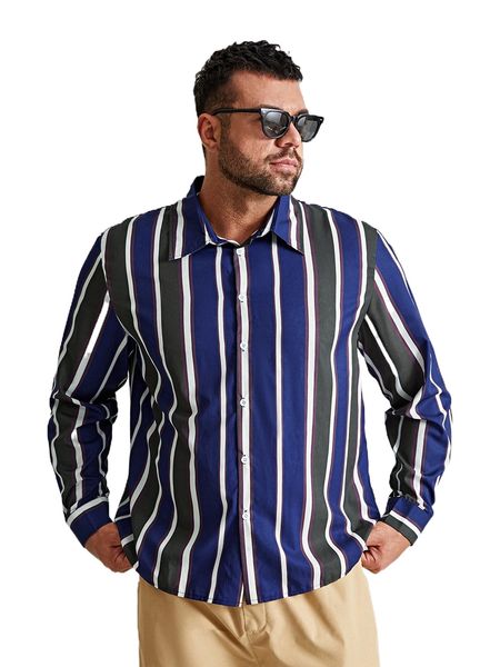 

extended sizes men striped print button front shirt h8qg#, White;black