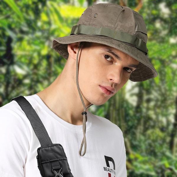 Boinas de boina Men Bucket Hat Sombra American Bob Bob Ajustável Camping ao ar livre Panamá pesca na selva com cordão à prova de vento