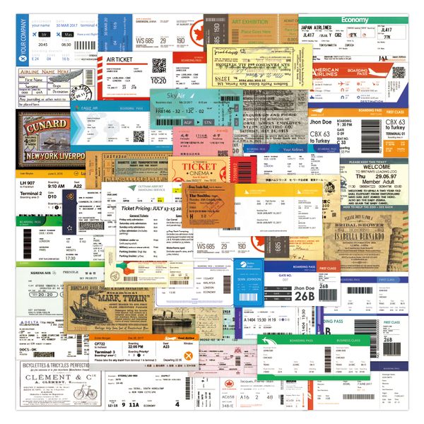 

50pcs boarding pass air tickets car stickers for water bottle diy phone case laptravel luggage guitar waterproof car decal kids toys