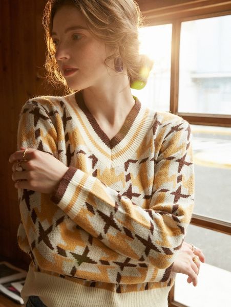 

striped trim houndstooth pattern sweater e9xf#, White;black