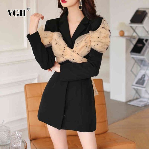 

elegant patchwork mesh polka dot ruched blazer dress for women notched long sleeve slim fit dresses female spring 210507, White;black