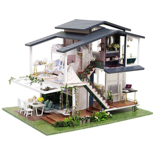 

new diy big monet garden doll house wooden model miniature building furniture miniature action figure 3d manual toy for children aa220325