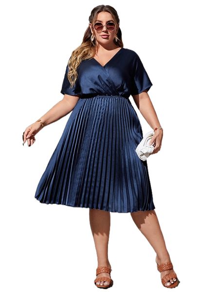 

plus batwing sleeve pleated satin dress o8u7#, Black