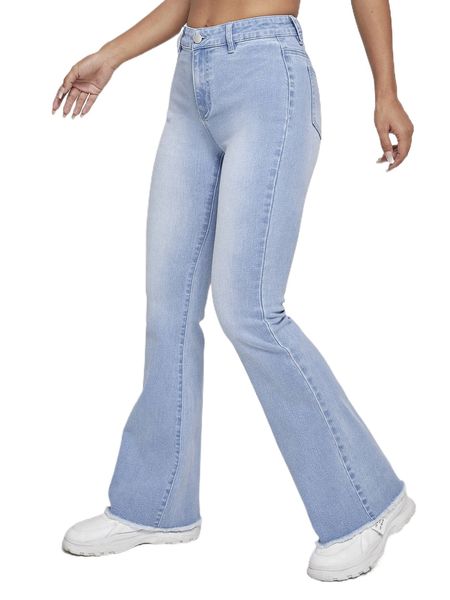 

high waisted raw hem light wash flare leg jeans 270i#, Blue