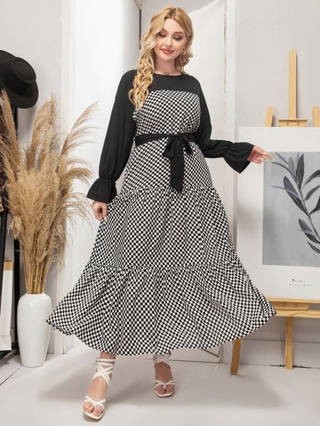 

plus checker print flounce sleeve ruffle hem belted dress k9x8#, Black