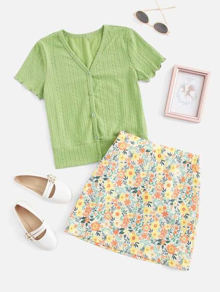 

teen girls lettuce trim rib-knit tee & floral print skirt set she, White