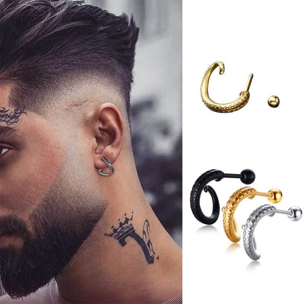 Brincos de tentáculos de polvo steampunk incomparáveis ​​para homens de aço inoxidável de aço de aço de aço de aço de breol e joias de homens curvilíneos