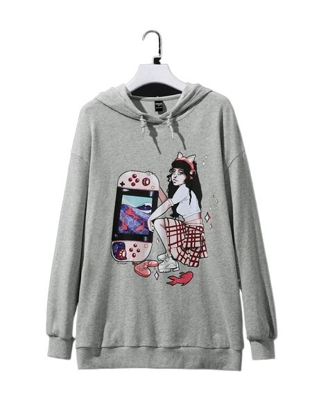 

x rimatesa91 drawstring detail figure graphic hoodie w3p2#, Black