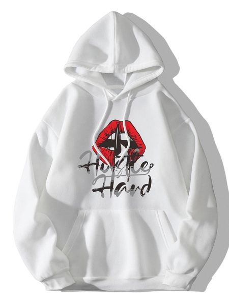 

letter & figure graphic drawstring kangaroo pocket thermal hoodie c6ar#, Black