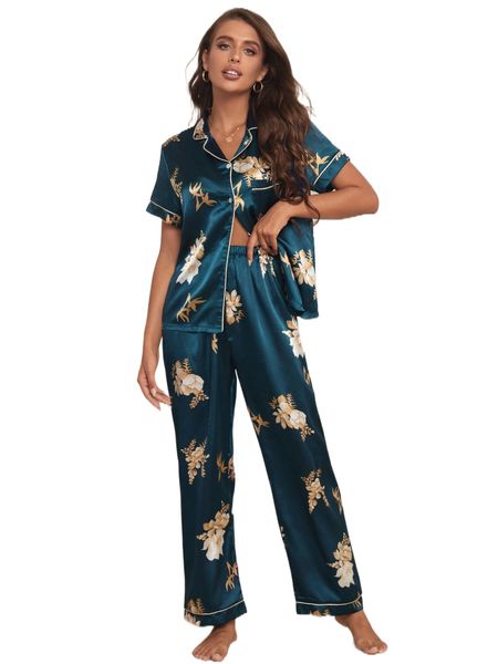 

floral print pocket front contrast piping satin pj set t51b#, Black;red