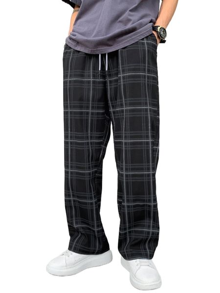 

men plaid drawstring waist pants v6hm#, Black