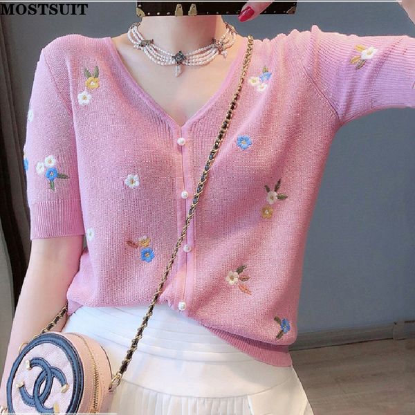 

summer floral embroidered knit t-shirt pullover women v-neck single-breasted slim elegant knitwear ice silk vintage jumpers, White;black
