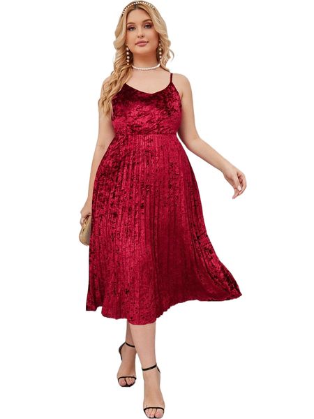 

plus pleated hem velvet cami dress u5co#, Black