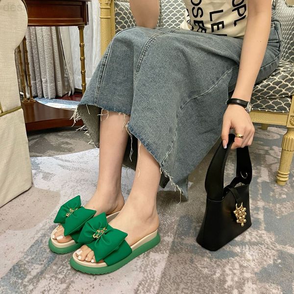 

sandals designer net infrared slipper wearing women's summer round head versatile bow thick bottom sandals flat beach shoes ixwp, Black