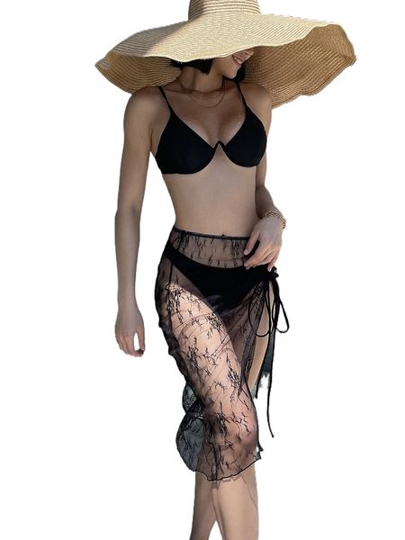 

drawstring underwire bikini swimsuit with beach skirt i4v7#, White;black