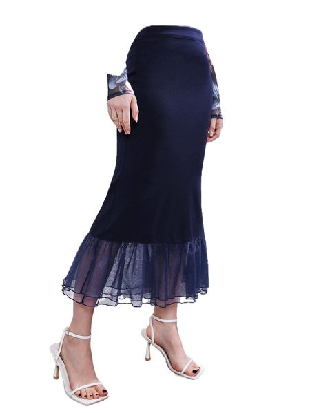 

contrast mesh mermaid hem skirt y6wl#, Black