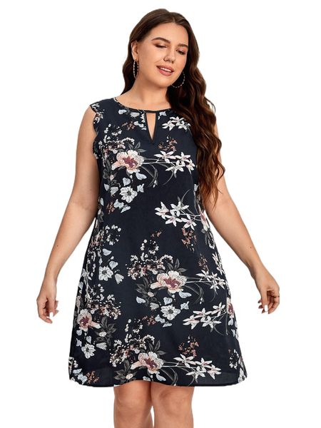 

plus floral print scallop trim dress s8j5#, Black