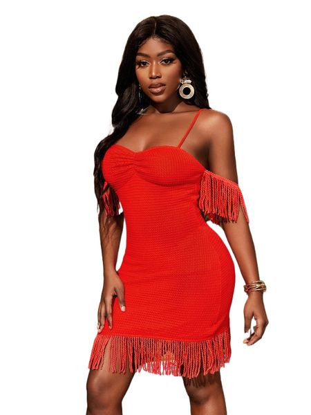 

sxy cold shoulder fringe detail ruched bust dress m3bf#, Black;gray