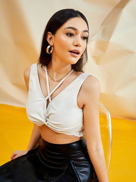 

x kat criss cross ruched bust lace up backless crop 85hh#, White