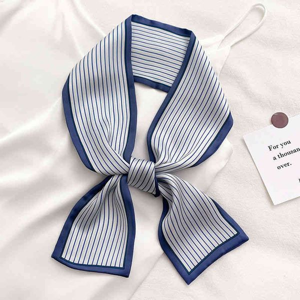 

designer silk head bag hair scarf solid color slender silk spring and summer fashion scarf retro stripe literary small scarf streamer decora, Blue;gray