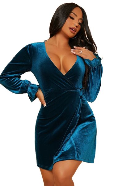 

bell sleeve velvet wrap hem dress v60o#, Black;gray