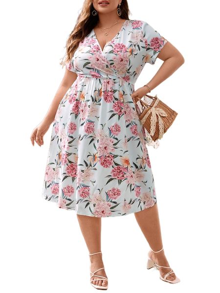 

plus floral print surplice neck dress i7sa#, Black
