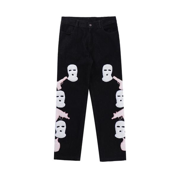 

men's jeans urban streetwear baggy y2k men skull furry embroidered denim pants straight leg loose trousers women high street hip hopmen, Blue